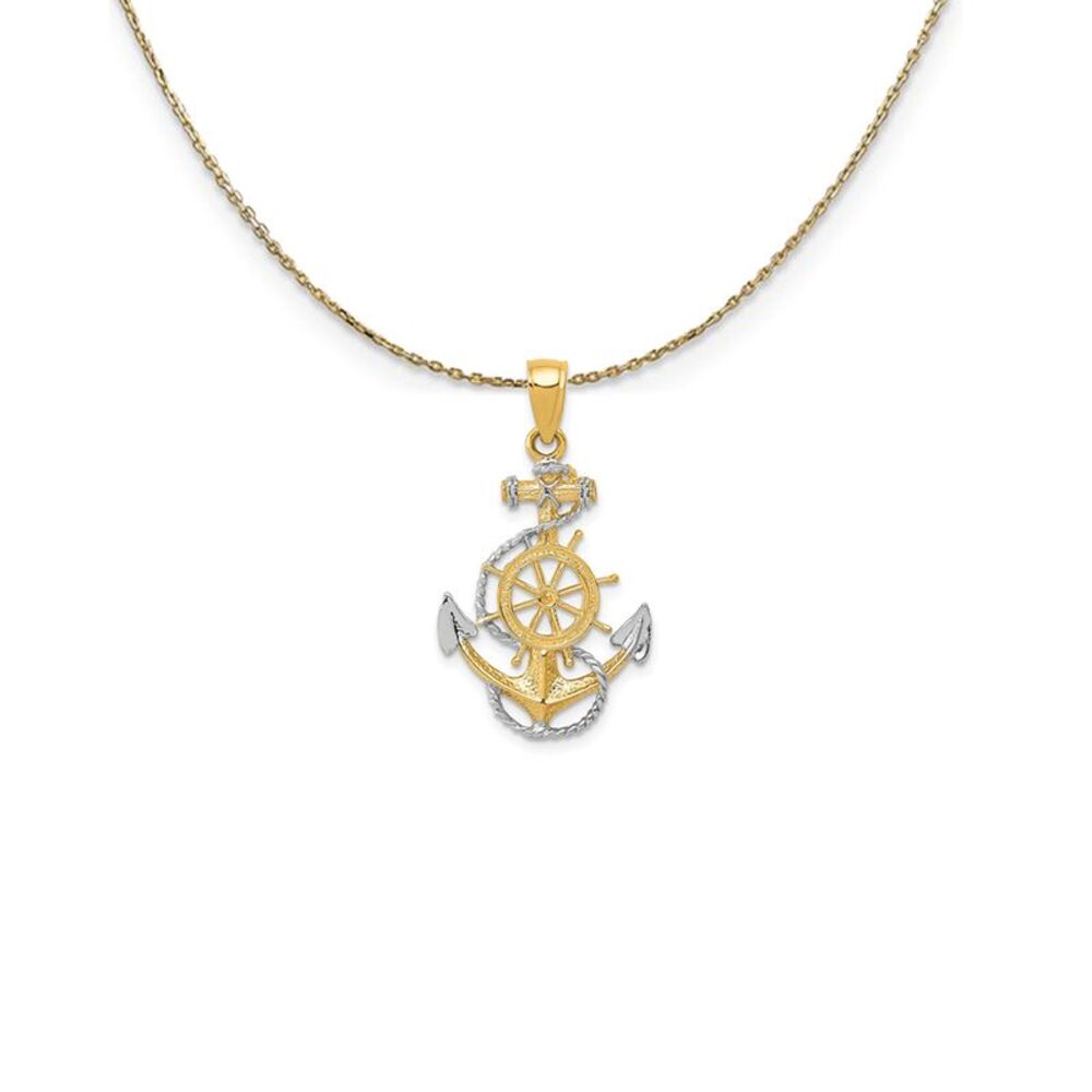 14k Yellow Gold & Rhodium Anchor, Ship's Wheel & Rope Necklace - 24 In
